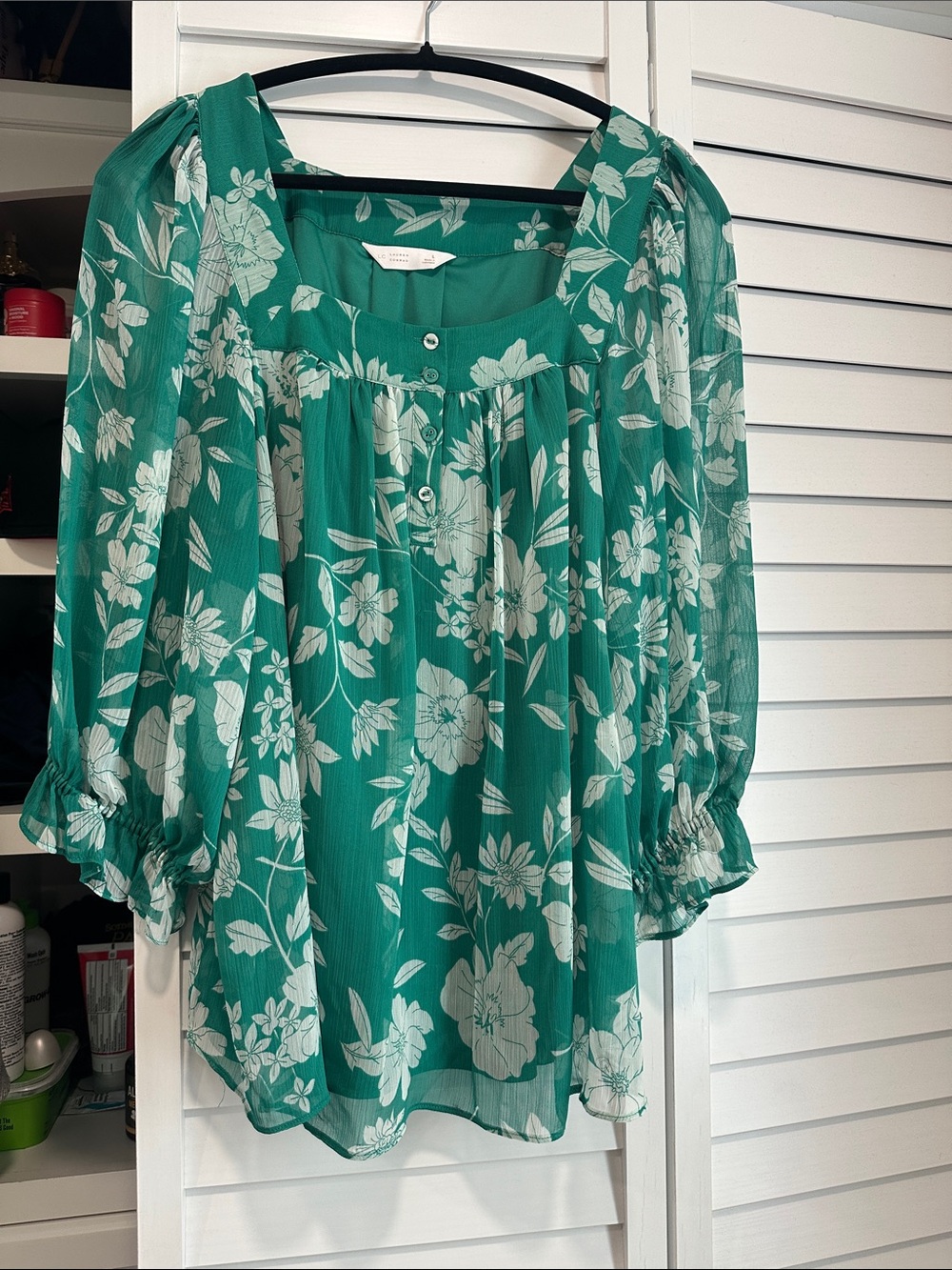 LC Lauren Conrad Teal Green Floral Sheer Blouse